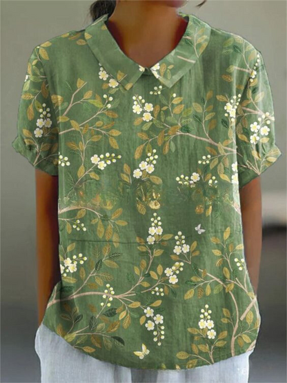 Effortless Floral Linen Blouse for Women with Collar Short Sleeve Relaxed Casual Style