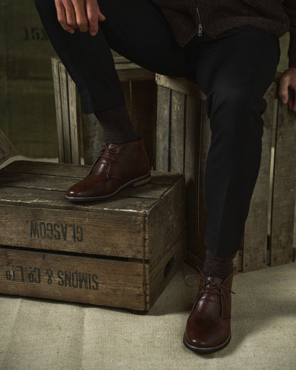 Elegant Dark Brown Leather Chukka Boot for Women with Lace Up Round Toe Stacked Heel Casual Style