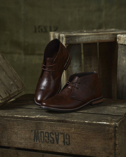 Elegant Dark Brown Leather Chukka Boot for Women with Lace Up Round Toe Stacked Heel Casual Style