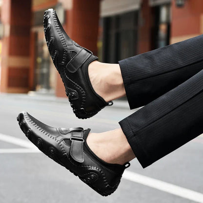 Effortless Leather Driving Loafer for Women with Round Toe Stitched Moccasin Adjustable Strap Casual Style