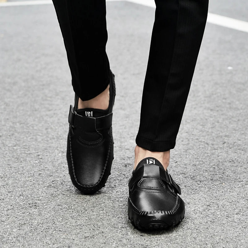Effortless Leather Driving Loafer for Women with Round Toe Stitched Moccasin Adjustable Strap Casual Style