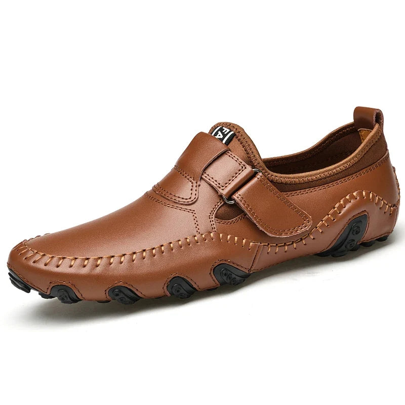 Effortless Leather Driving Loafer for Women with Round Toe Stitched Moccasin Adjustable Strap Casual Style