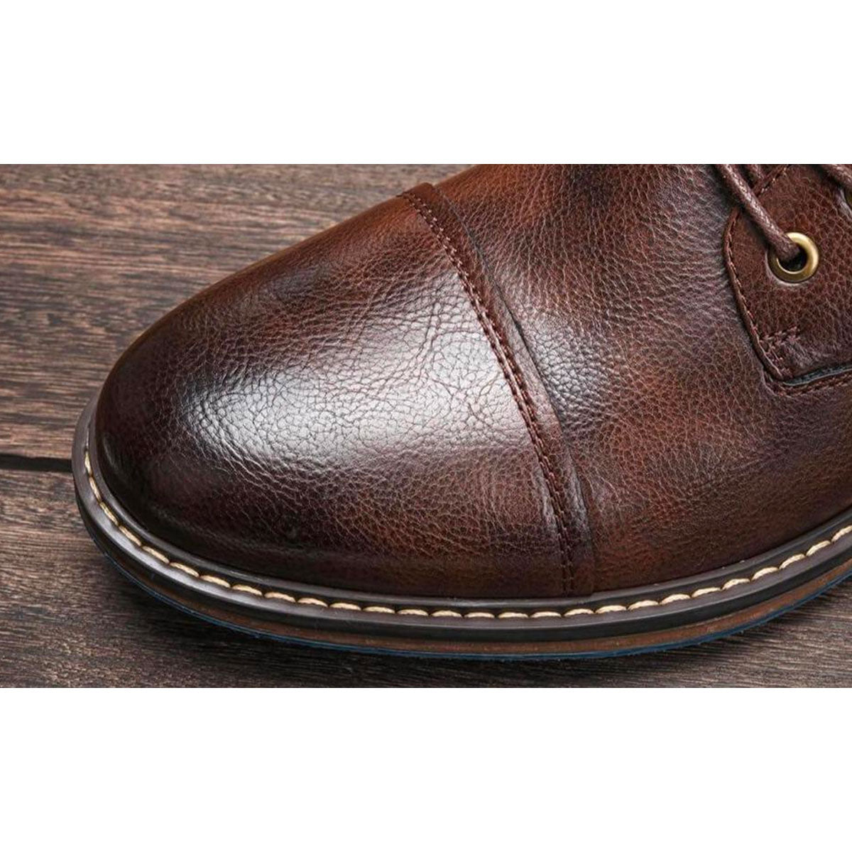 Elegant Brown Leather Ankle Boot for Women with Cap Toe Lace Up Red Trim Vintage Style