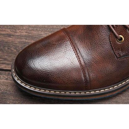 Elegant Brown Leather Ankle Boot for Women with Cap Toe Lace Up Red Trim Vintage Style
