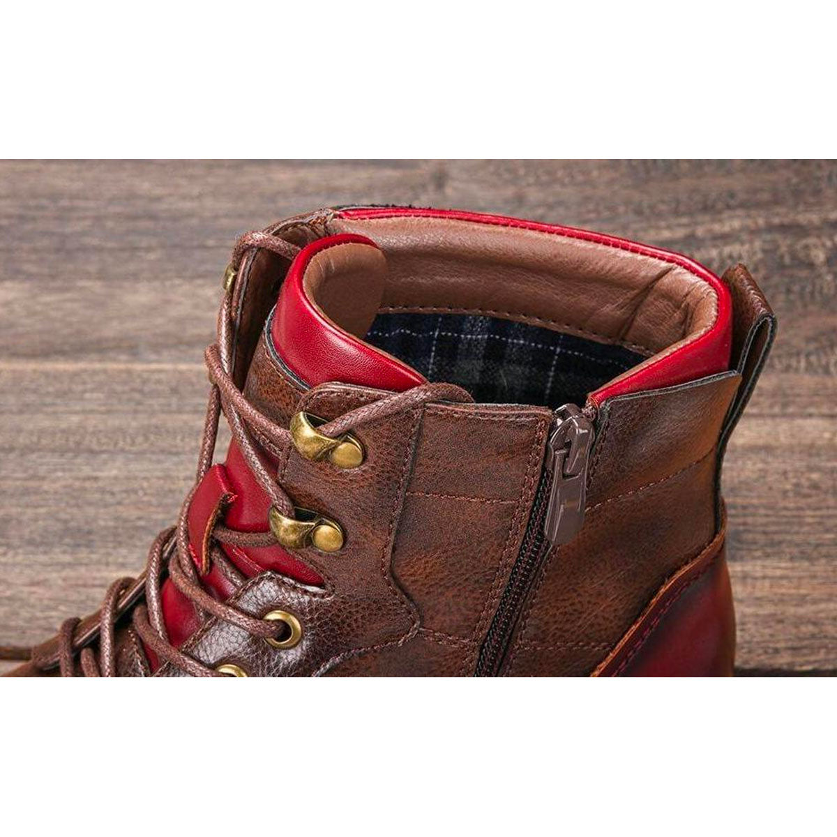 Elegant Brown Leather Ankle Boot for Women with Cap Toe Lace Up Red Trim Vintage Style