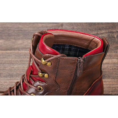 Elegant Brown Leather Ankle Boot for Women with Cap Toe Lace Up Red Trim Vintage Style