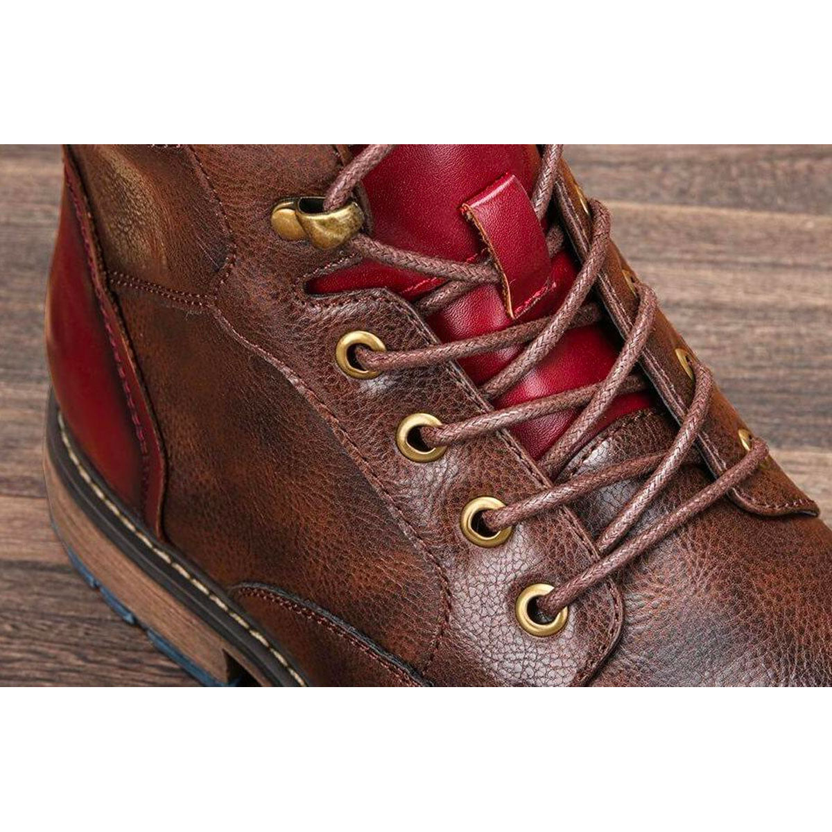 Elegant Brown Leather Ankle Boot for Women with Cap Toe Lace Up Red Trim Vintage Style