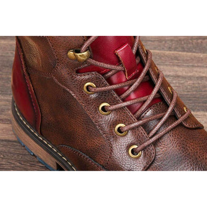 Elegant Brown Leather Ankle Boot for Women with Cap Toe Lace Up Red Trim Vintage Style