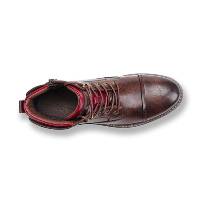 Elegant Brown Leather Ankle Boot for Women with Cap Toe Lace Up Red Trim Vintage Style