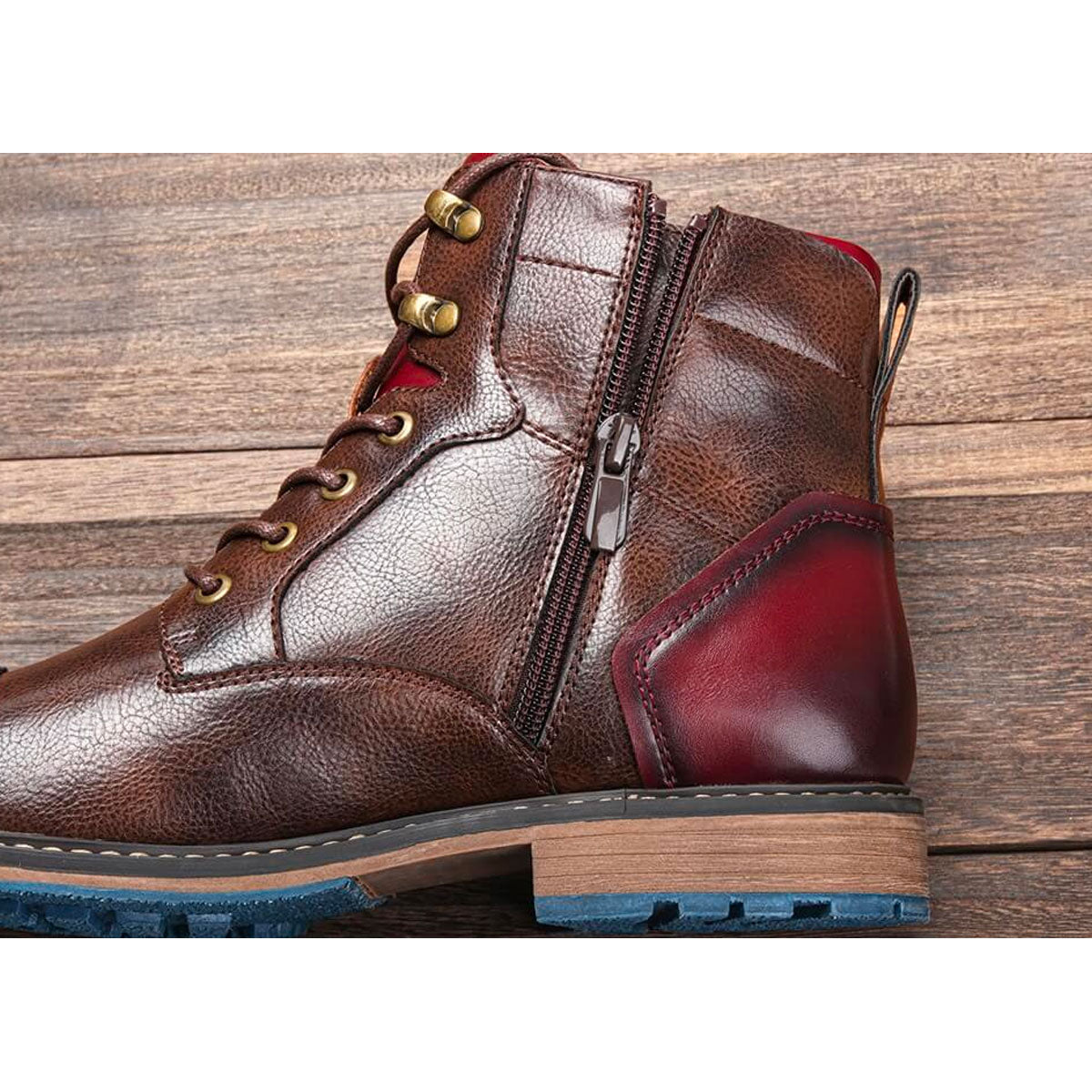 Elegant Brown Leather Ankle Boot for Women with Cap Toe Lace Up Red Trim Vintage Style
