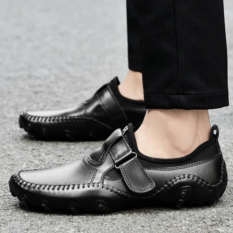 Effortless Leather Driving Loafer for Women with Round Toe Stitched Moccasin Adjustable Strap Casual Style