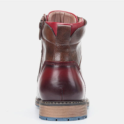 Elegant Brown Leather Ankle Boot for Women with Cap Toe Lace Up Red Trim Vintage Style
