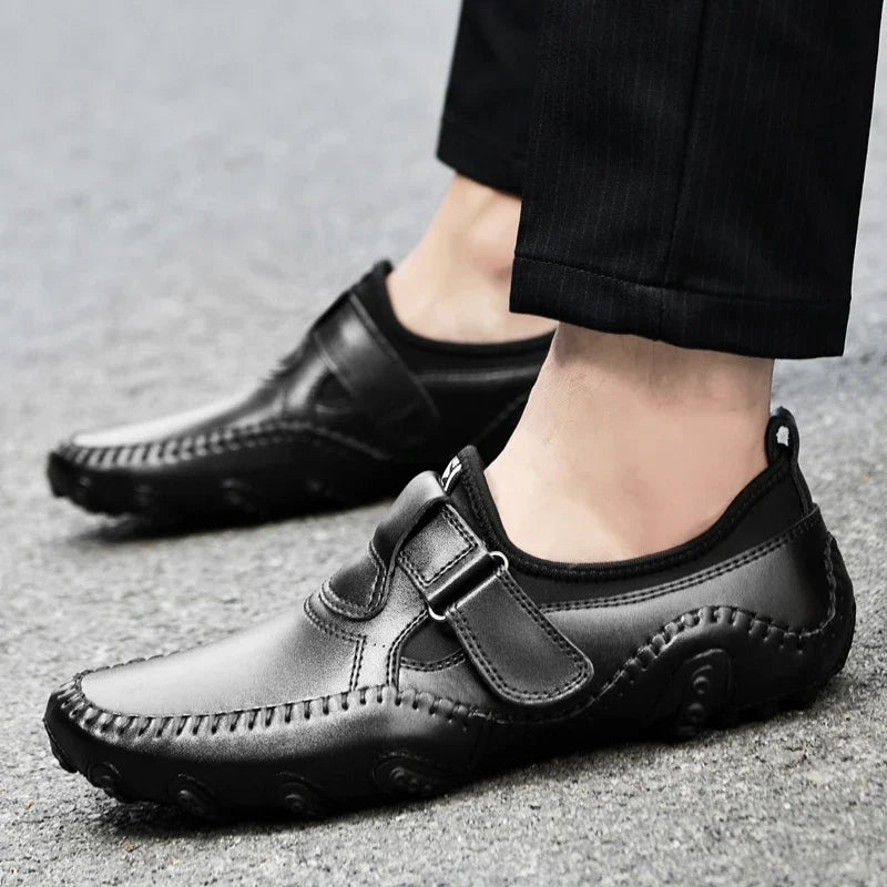 Effortless Leather Driving Loafer for Women with Round Toe Stitched Moccasin Adjustable Strap Casual Style