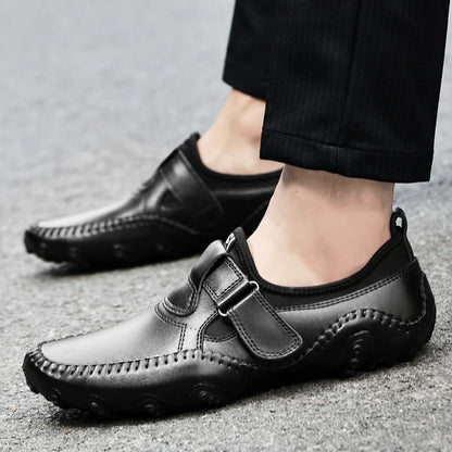 Effortless Leather Driving Loafer for Women with Round Toe Stitched Moccasin Adjustable Strap Casual Style