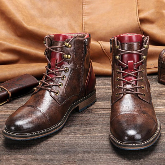 Elegant Brown Leather Ankle Boot for Women with Cap Toe Lace Up Red Trim Vintage Style