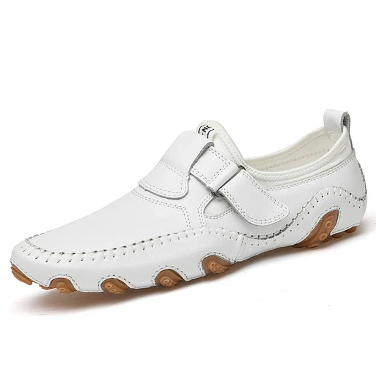 Effortless Leather Driving Loafer for Women with Round Toe Stitched Moccasin Adjustable Strap Casual Style