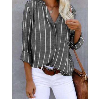 Effortless Striped Blouse for Women with V Neck Long Sleeve Button Front Relaxed Casual Style