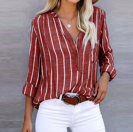Effortless Striped Blouse for Women with V Neck Long Sleeve Button Front Relaxed Casual Style