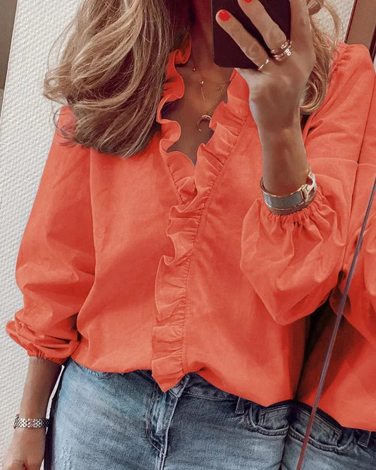 Effortless Ruffle Trim Blouse for Women with V Neck Long Sleeve Relaxed Casual Style
