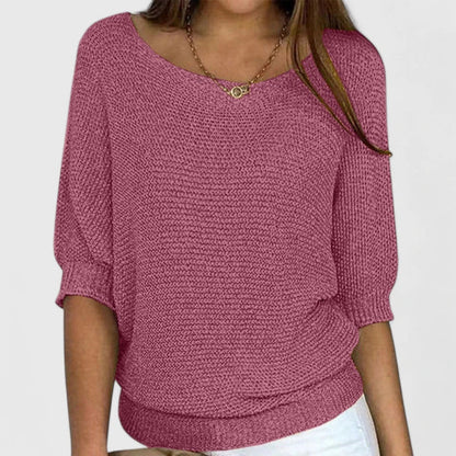 Comfortable Knit Sweater for Women with Scoop Neck Dolman Sleeve Ribbed Hem Relaxed Style