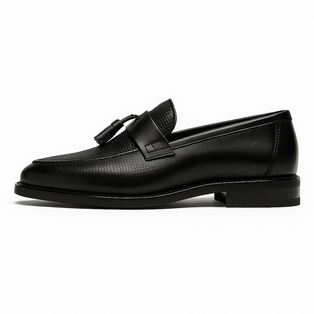 Elegant Black Leather Tassel Loafers for Women with Woven Texture Slip On Business Casual Style