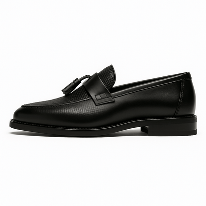 Elegant Black Leather Tassel Loafers for Women with Woven Texture Slip On Business Casual Style