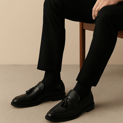 Elegant Black Leather Tassel Loafers for Women with Woven Texture Slip On Business Casual Style