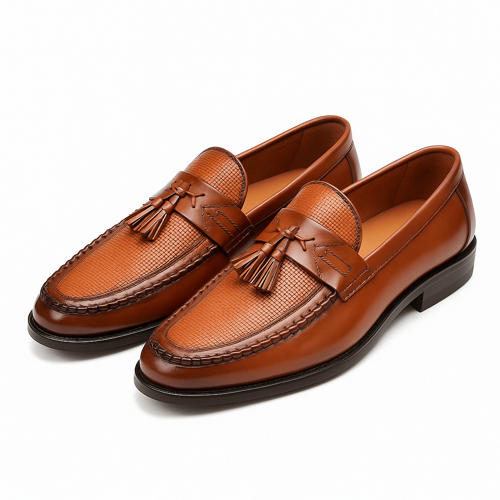 Elegant Black Leather Tassel Loafers for Women with Woven Texture Slip On Business Casual Style