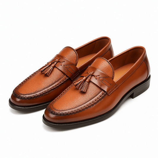 Elegant Black Leather Tassel Loafers for Women with Woven Texture Slip On Business Casual Style