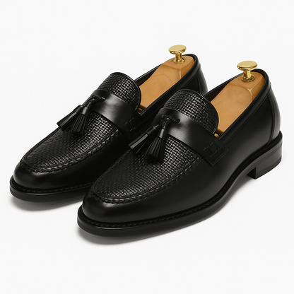 Elegant Black Leather Tassel Loafers for Women with Woven Texture Slip On Business Casual Style