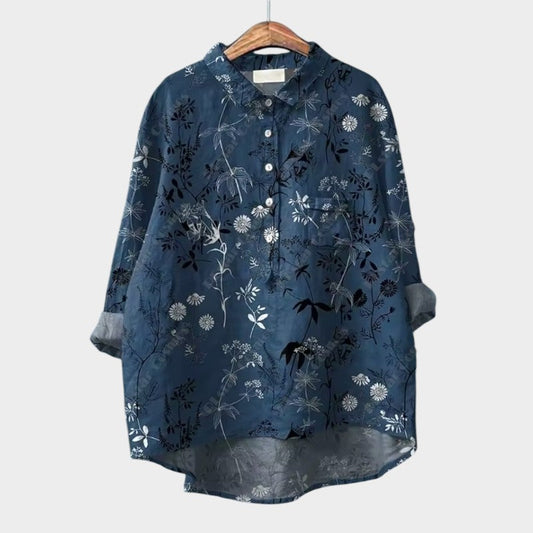 Effortless Floral Linen Blouse for Women with Collar Long Sleeve High Low Hem Relaxed Style