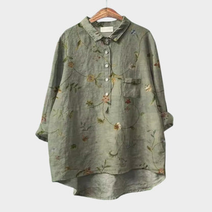 Effortless Floral Linen Blouse for Women with Collar Long Sleeve High Low Hem Relaxed Style