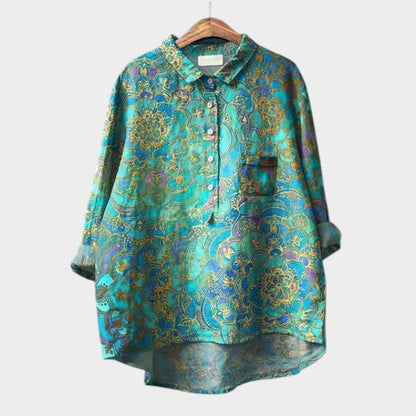 Effortless Floral Linen Blouse for Women with Collar Long Sleeve High Low Hem Relaxed Style