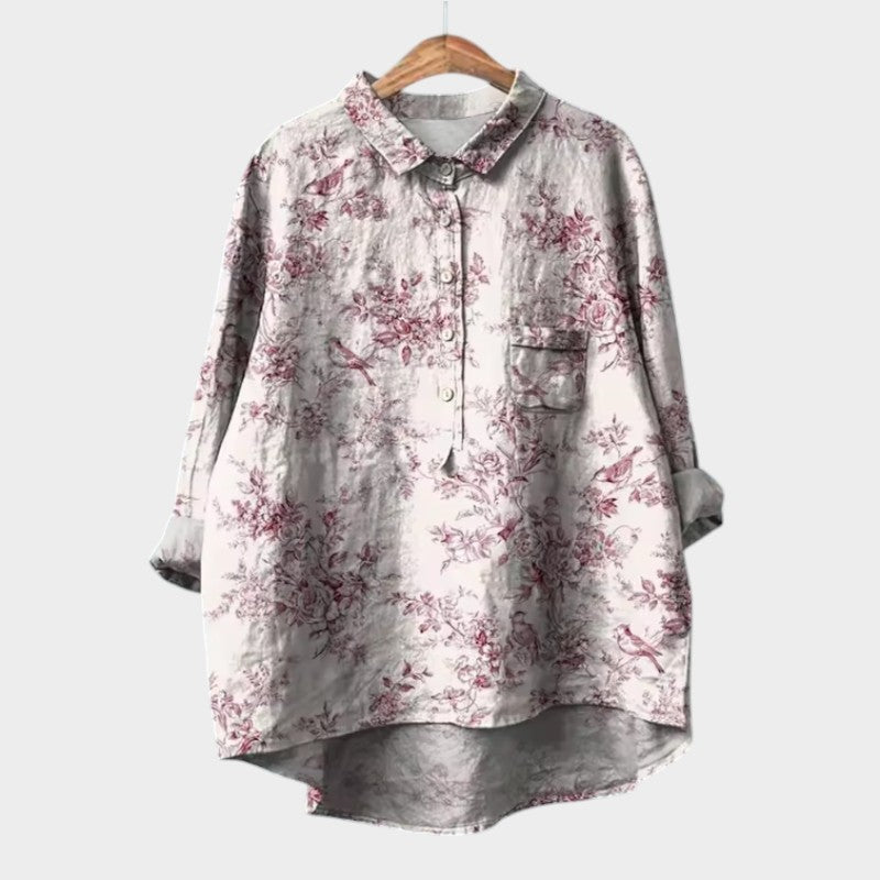Effortless Floral Linen Blouse for Women with Collar Long Sleeve High Low Hem Relaxed Style
