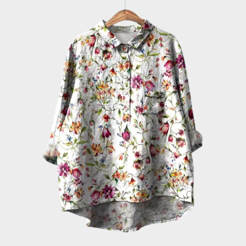 Effortless Floral Linen Blouse for Women with Collar Long Sleeve High Low Hem Relaxed Style