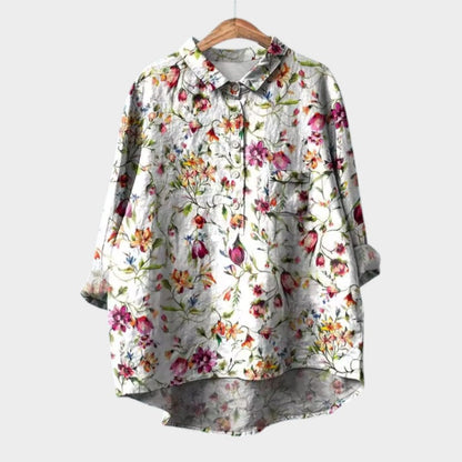 Effortless Floral Linen Blouse for Women with Collar Long Sleeve High Low Hem Relaxed Style
