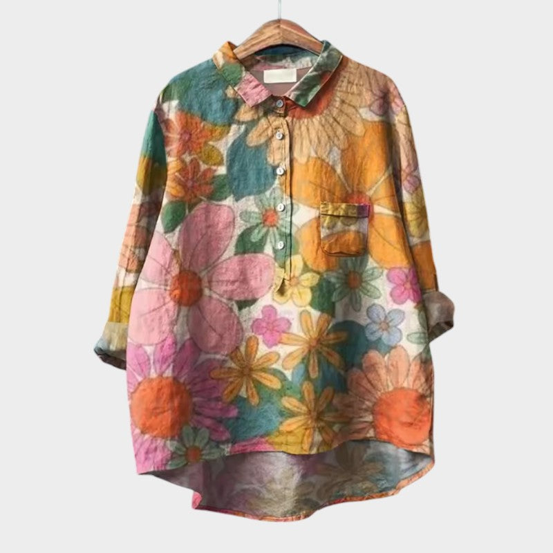 Effortless Floral Linen Blouse for Women with Collar Long Sleeve High Low Hem Relaxed Style
