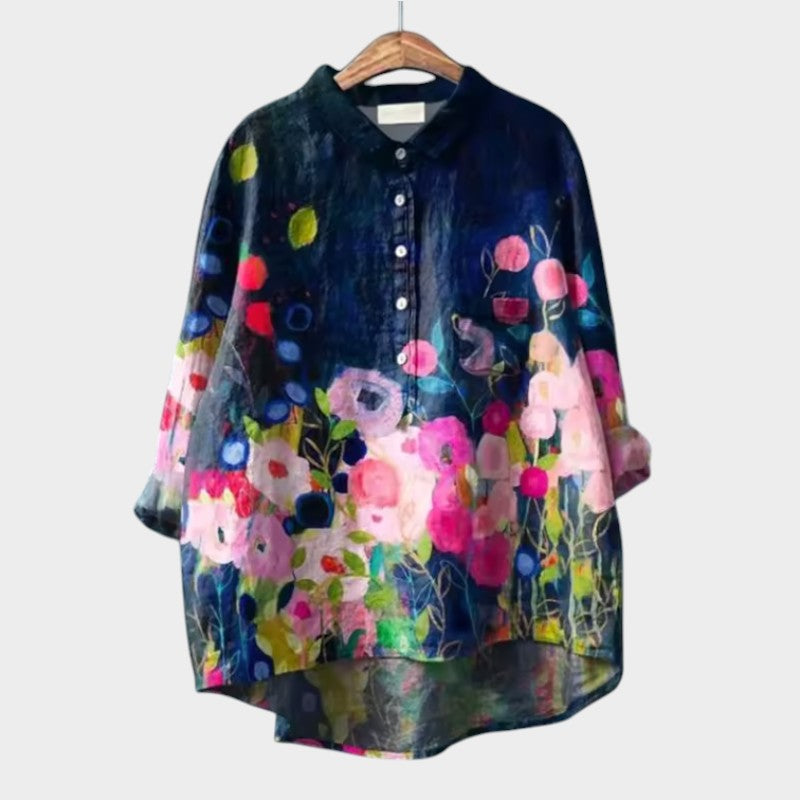Effortless Floral Linen Blouse for Women with Collar Long Sleeve High Low Hem Relaxed Style
