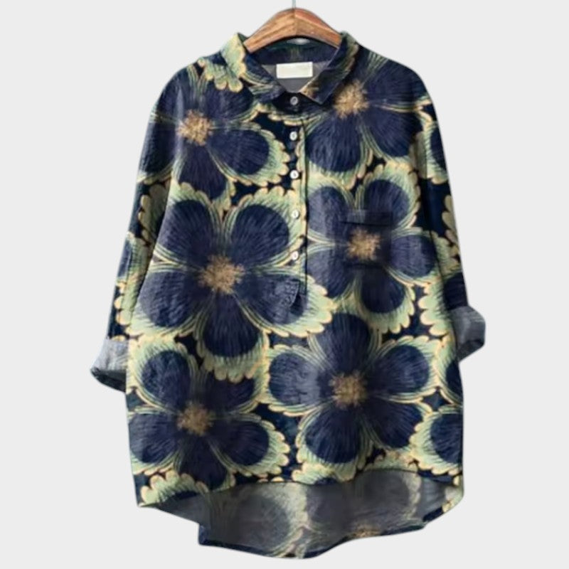 Effortless Floral Linen Blouse for Women with Collar Long Sleeve High Low Hem Relaxed Style