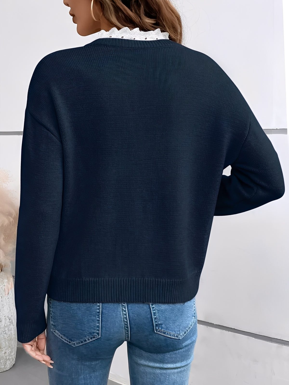 Comfortable Lace Trim Sweater for Women with V Neck Long Sleeve Relaxed Knit Style