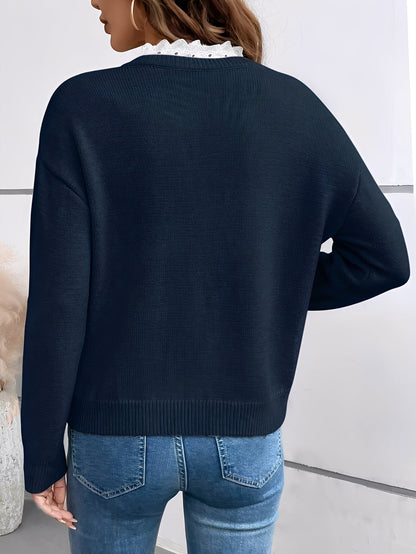 Comfortable Lace Trim Sweater for Women with V Neck Long Sleeve Relaxed Knit Style