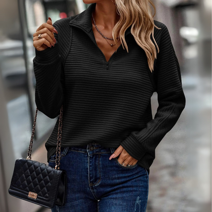 Comfortable Ribbed Pullover for Women with Quarter Zip Collar Long Sleeve Relaxed Oversized Knit Style