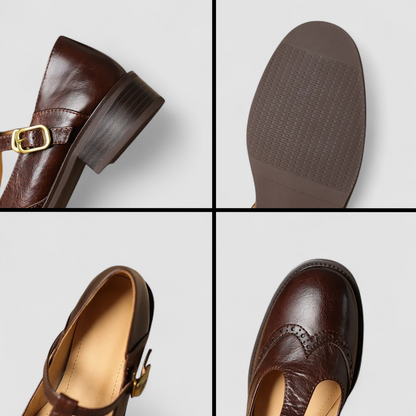Stylish Leather T Strap Oxford for Women with Wingtip Brogue Buckle Low Block Heel Style