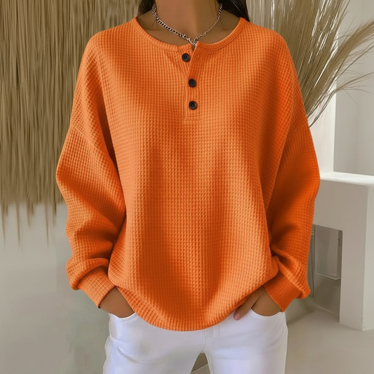 Comfortable Waffle Knit Henley Top for Women with Round Neck Long Sleeve Button Placket Oversized Relaxed Style