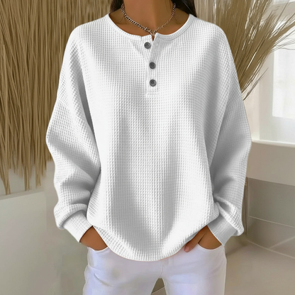 Comfortable Waffle Knit Henley Top for Women with Round Neck Long Sleeve Button Placket Oversized Relaxed Style