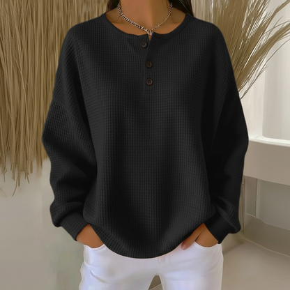 Comfortable Waffle Knit Henley Top for Women with Round Neck Long Sleeve Button Placket Oversized Relaxed Style