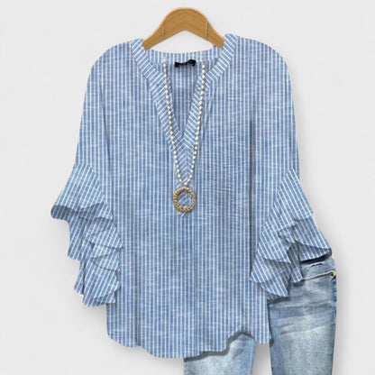 Effortless Floral Print Blouse for Women with V Neck Bell Sleeve Ruffled Relaxed Tunic Style