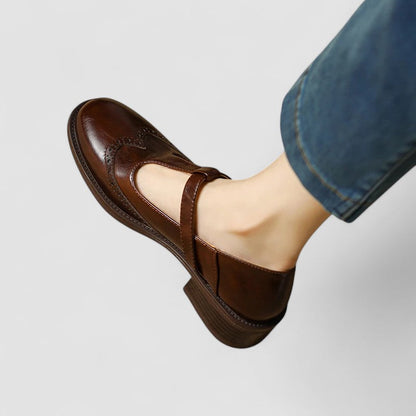 Stylish Leather T Strap Oxford for Women with Wingtip Brogue Buckle Low Block Heel Style