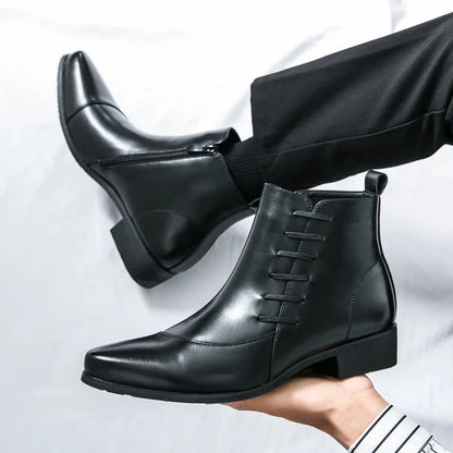 Elegant Leather Ankle Boots for Women with Pointed Toe Side Zip Block Heel Style