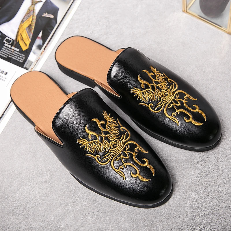 Stylish Embroidered Dragon Mule Loafer for Women with Backless Round Toe Slip On Style
